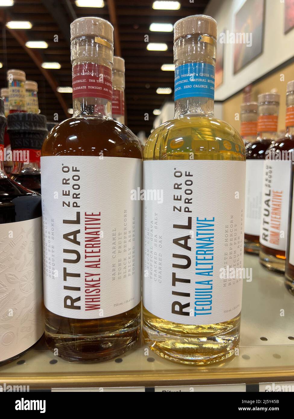 Ritual Zero Proof whiskey and tequila alternatives on shelf at Binny's Beverage Depot. Stock Photo