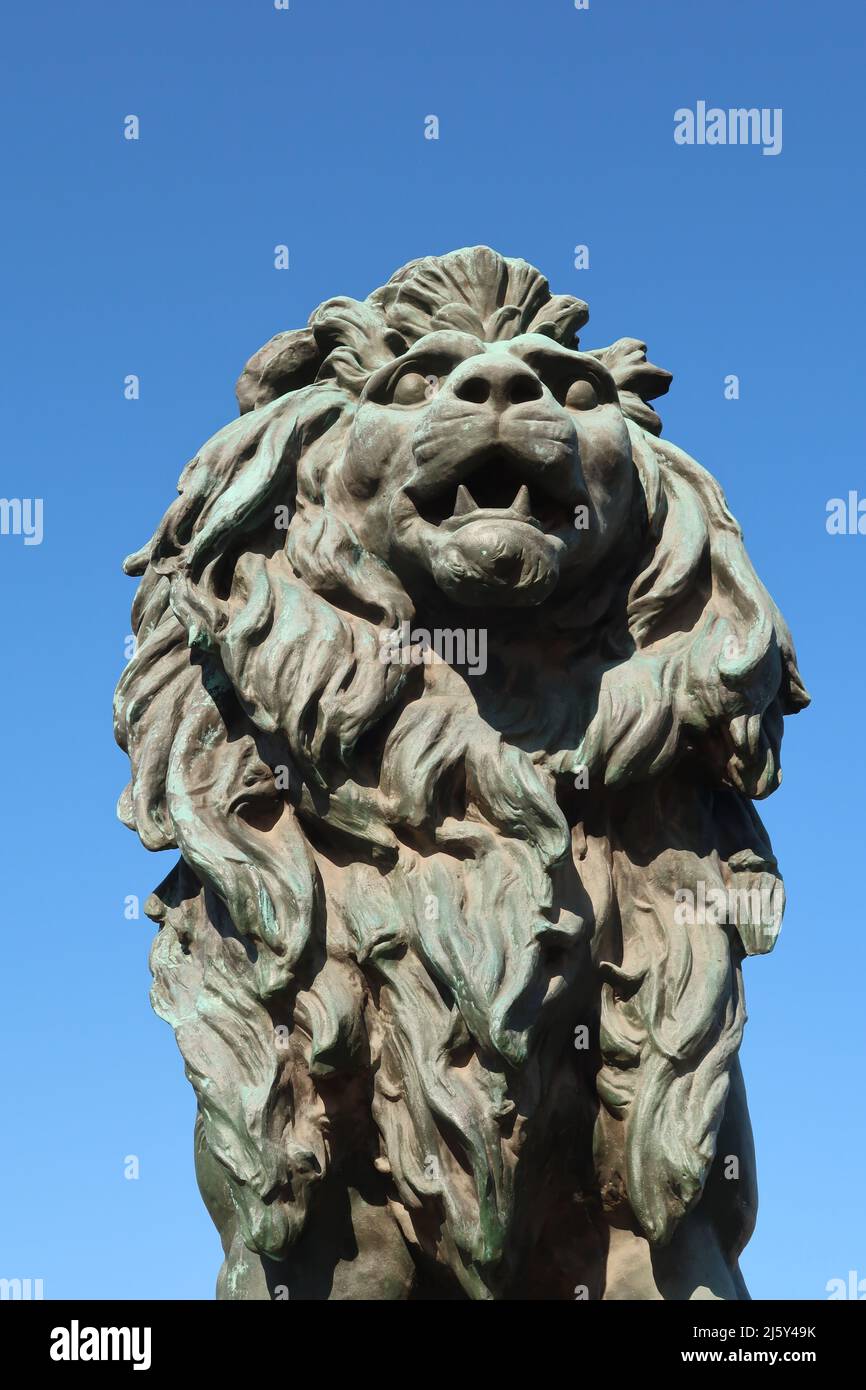 Close-up on one of the Lion Sculptures of Sofia's famous Lions' Bridge, Bulgaria 2021 Stock Photo