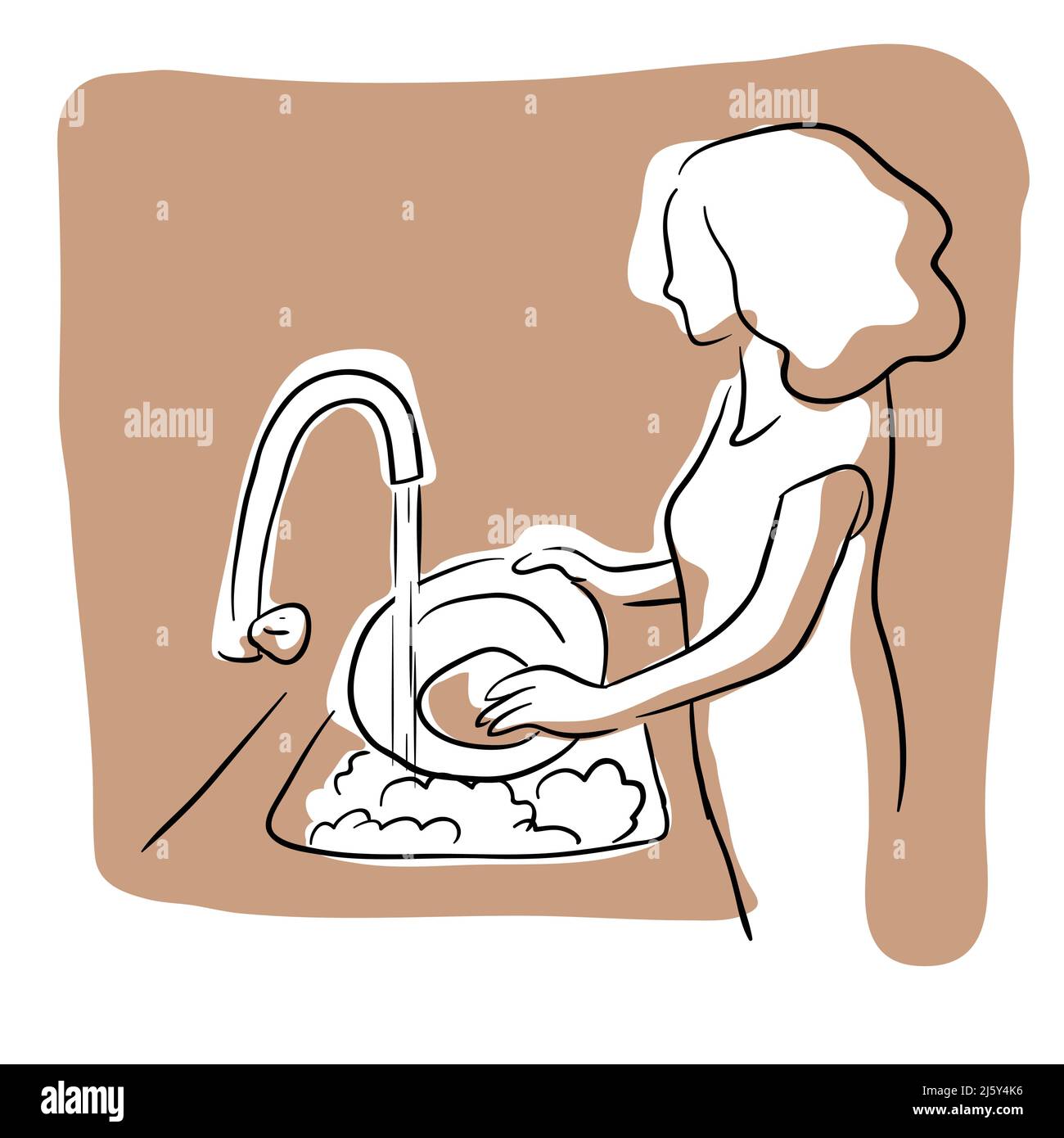 Woman washing dishes line art vector illustration Stock Vector