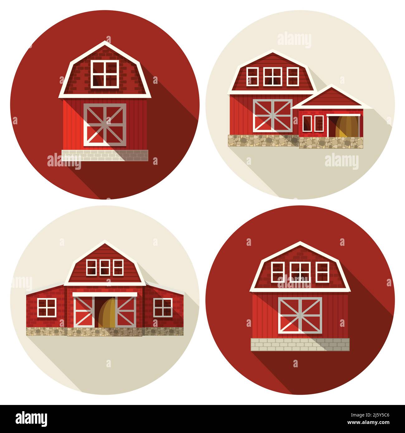 Farm buildings country houses and warehouses flat icons set isolated vector illustration Stock Vector