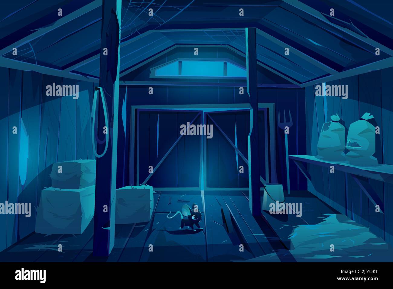 Mouse in farm barn house at night. Fieldmouse rodent in dark wooden ...