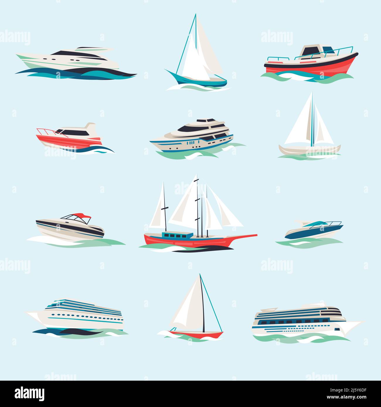 Marine boats cruise sea travel yacht motor vessels flat icons set with ...