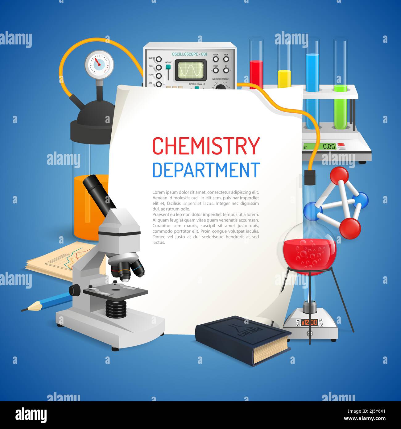 Science realistic background with chemistry lab equipment set vector illustration Stock Vector