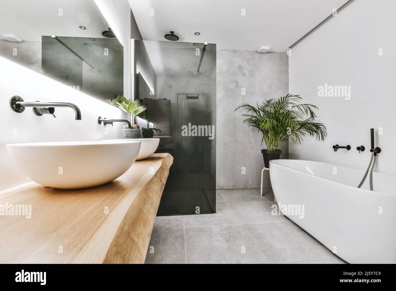 Oval shaped bathtub and shower cabin in modern spacious illuminated