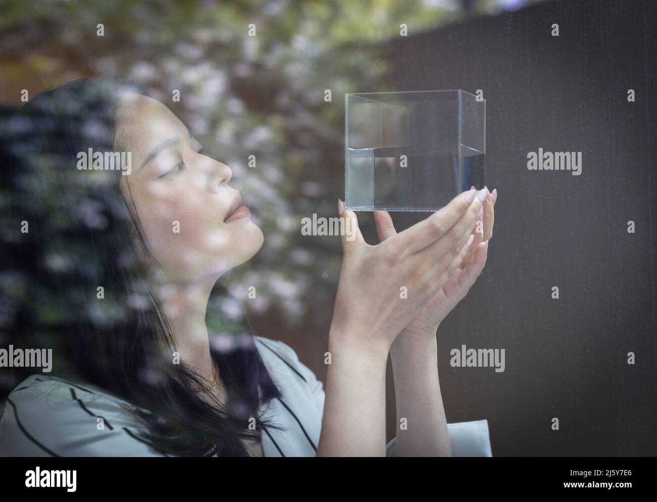 Close up female designer looking at cube with liquid at window Stock Photo