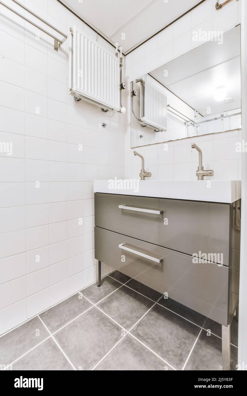 Interior of spacious bathroom with double ceramic sink and chrome taps