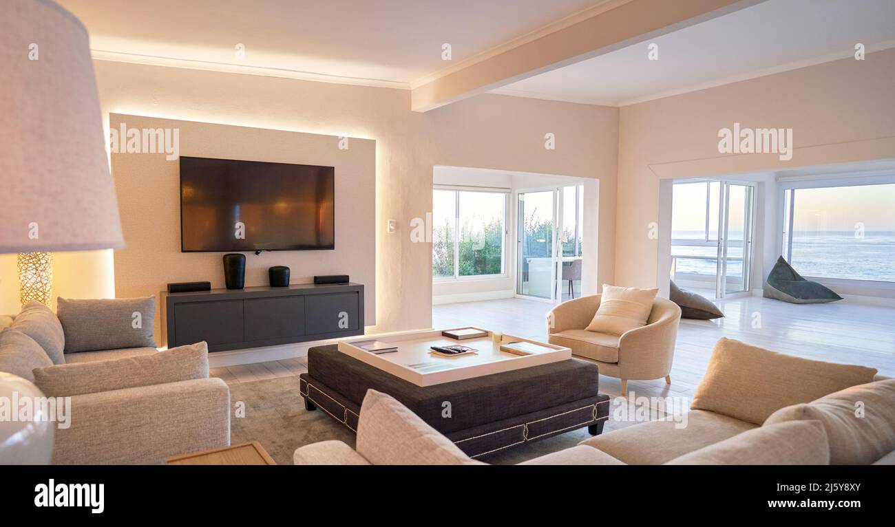 Home showcase interior living room with ocean view and TV Stock Photo