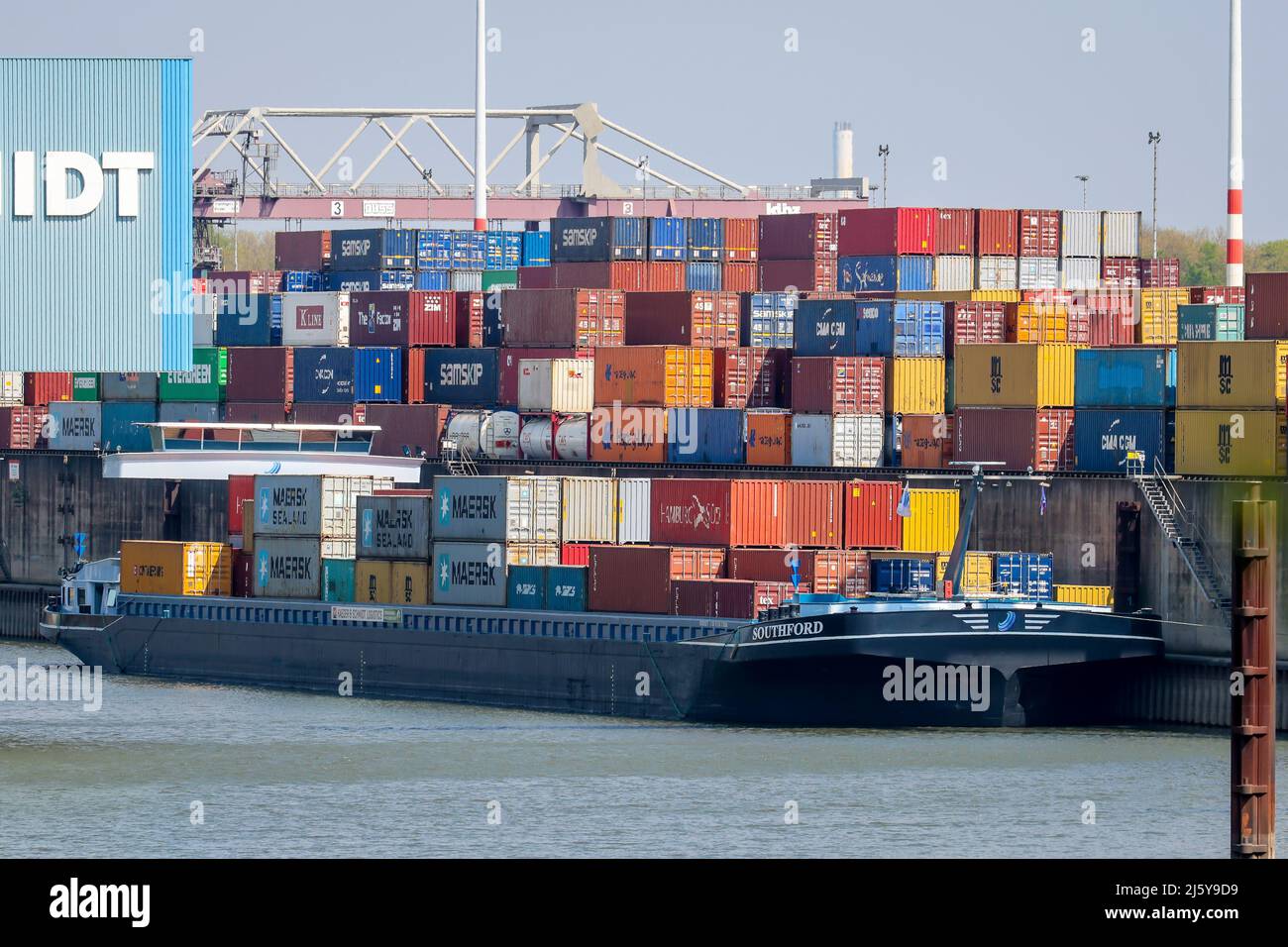 Duisburg, North Rhine-Westphalia, Germany - Duisburg port, cargo ships with containers at the container terminal in the container port, north port in Stock Photo