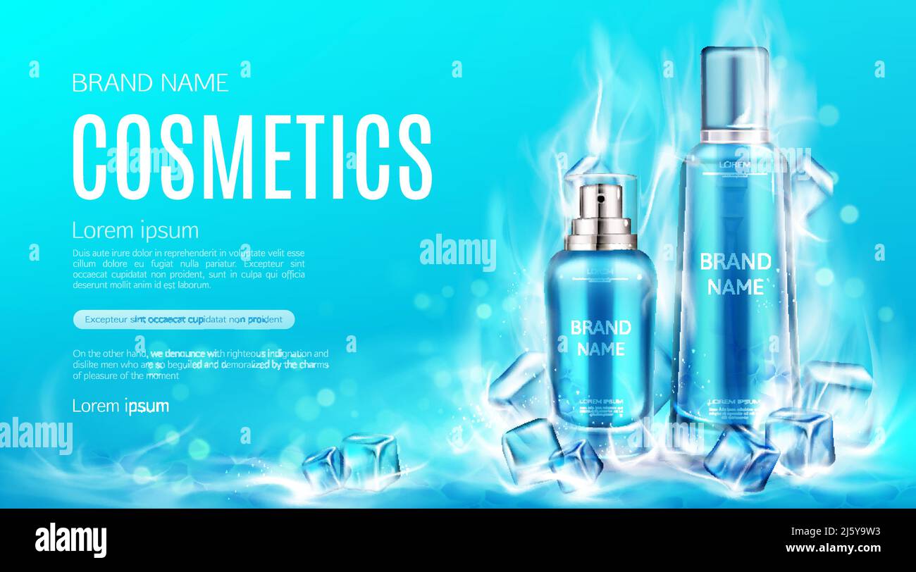 Cosmetics bottles in dry ice steaming cubes mockup banner. Cooling beauty product cosmetic tubes with lotion, gel or serum, advertising promo poster a Stock Vector