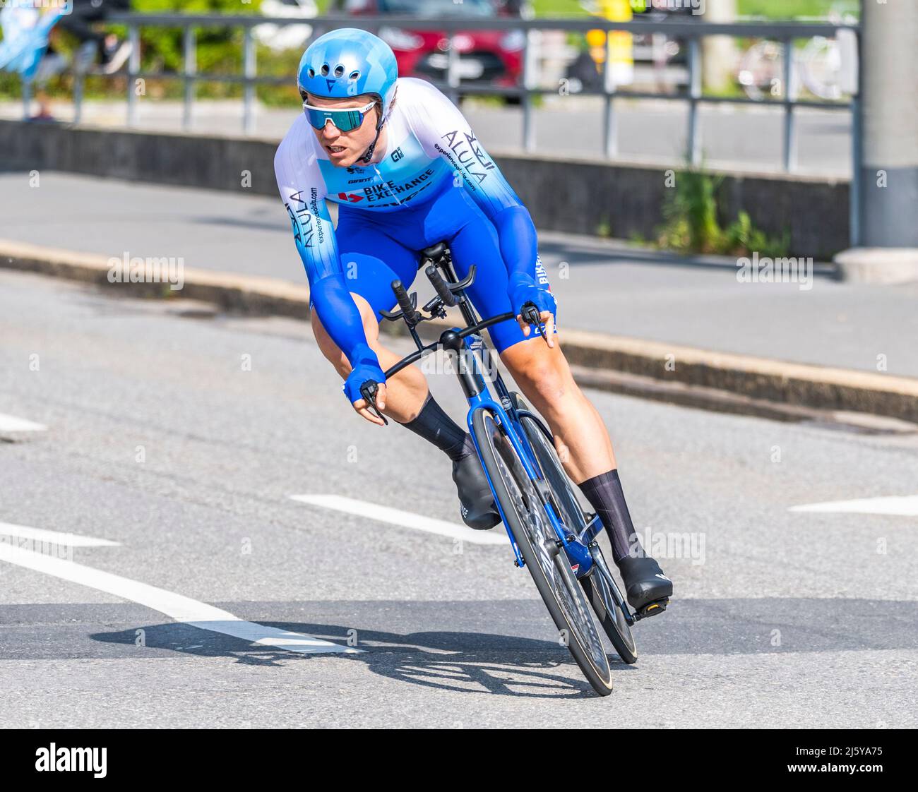 Lausanne Switzerland, 04/26/2022: Julien Bernard of France  is in action during the Prologue of the Tour of Romandie 2022. Credit: Eric Dubost/Alamy Live News. Stock Photo