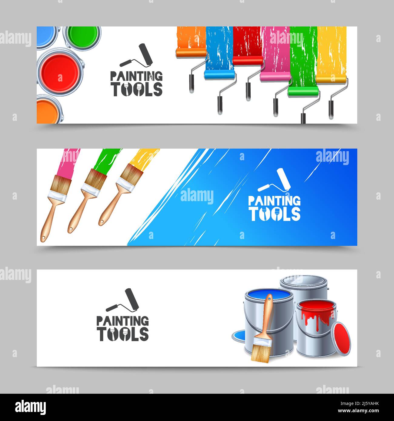 Painting tools realistic horizontal banners set with brush and paint