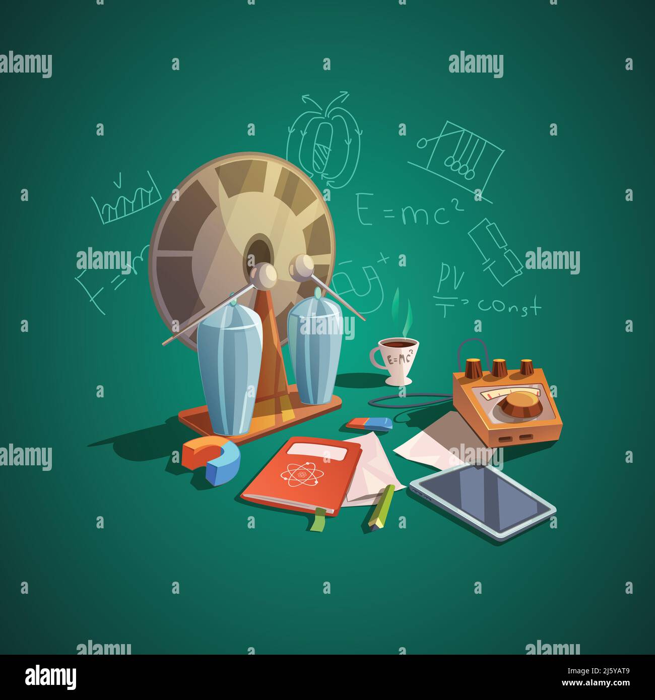 Physics concept with retro cartoon science icons set vector ...