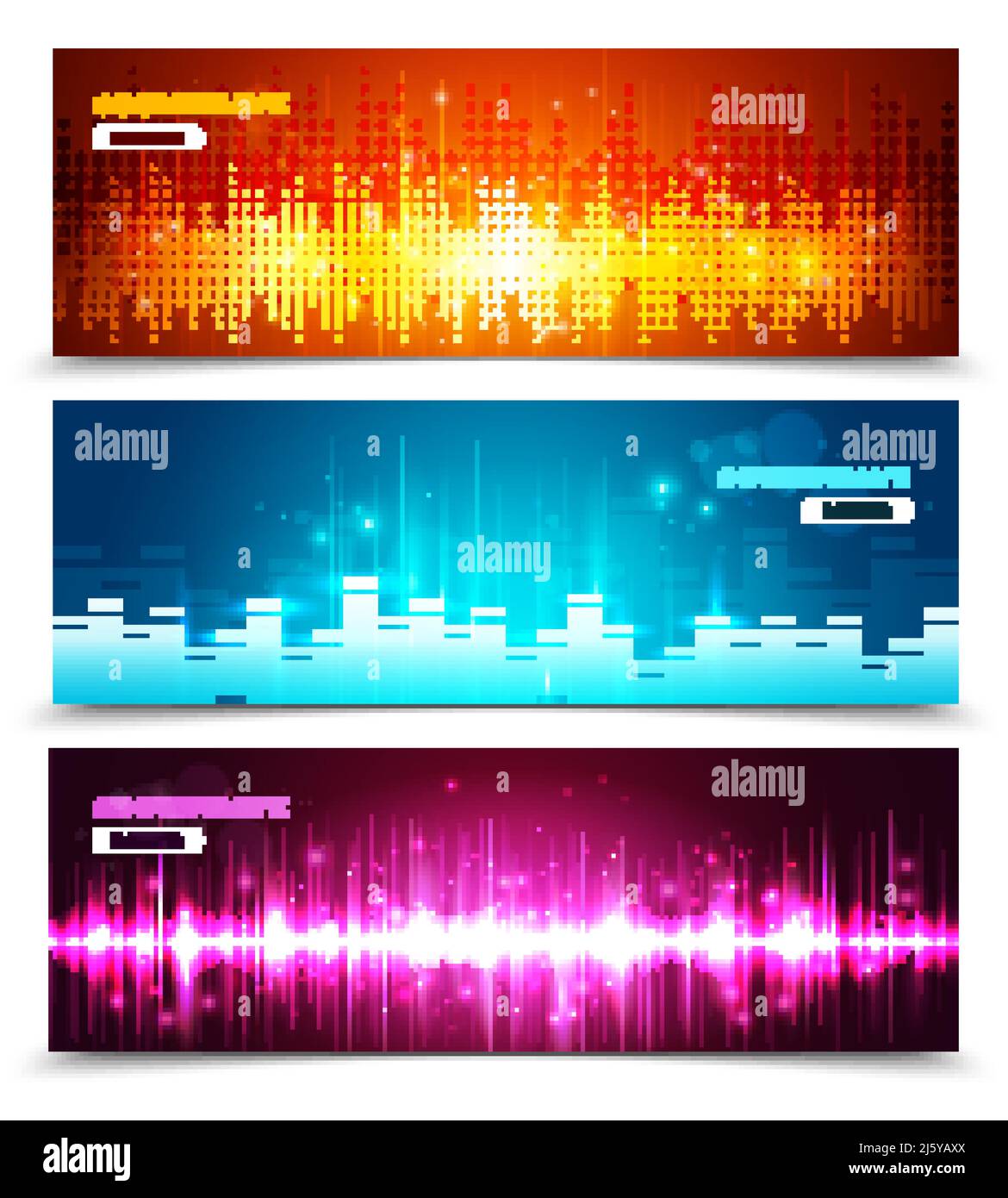 Audio equalizer sound wave display 3 horizontal banners set in vivid