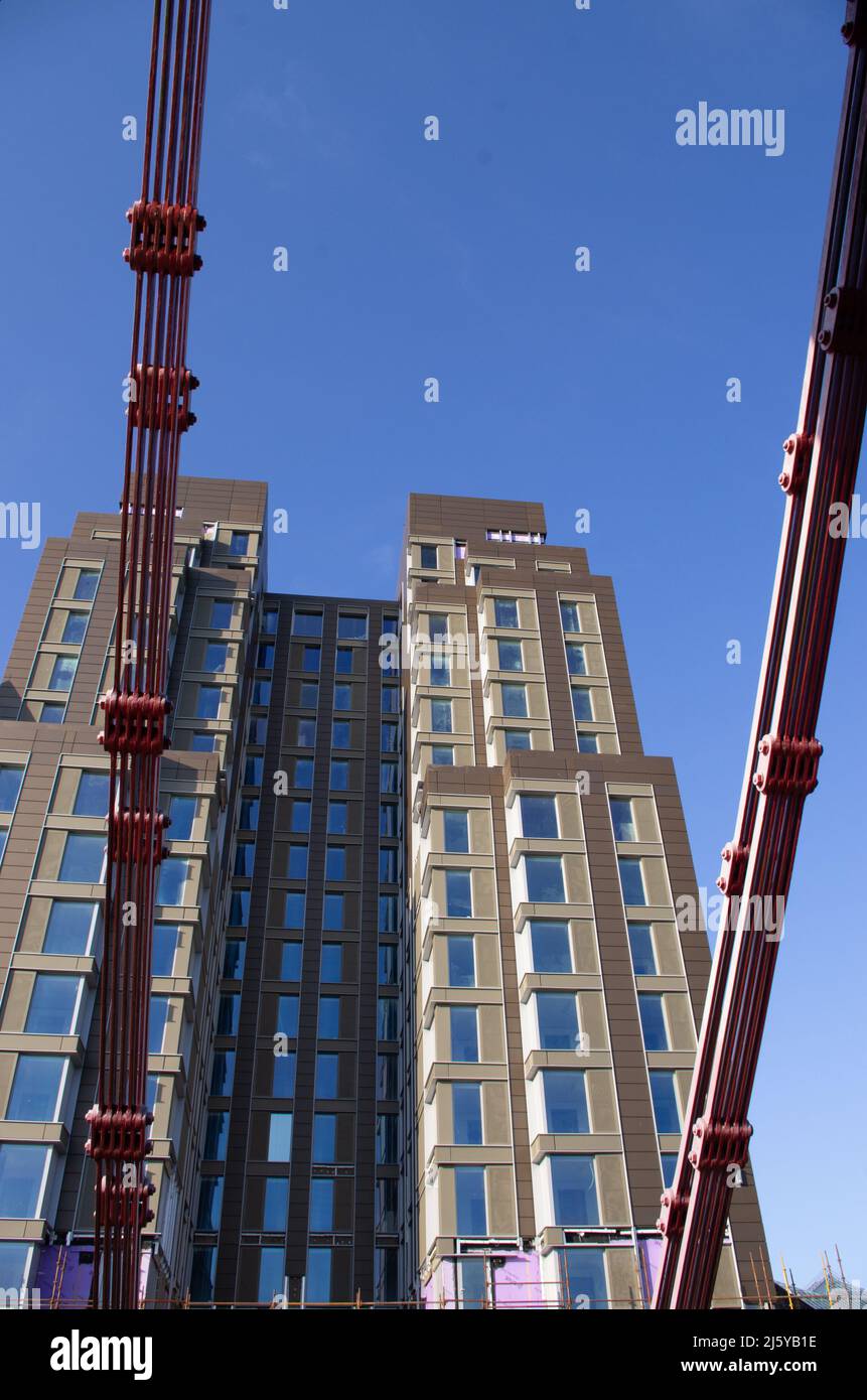 Standing on the South Portland Street suspension bridge looking up at a