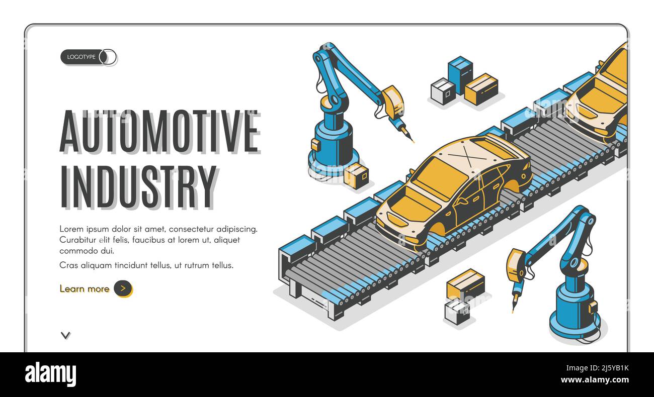 Automotive industry isometric landing page, robots hands assemble car on conveyor belt. Innovation technology and factory automation process in manufa Stock Vector