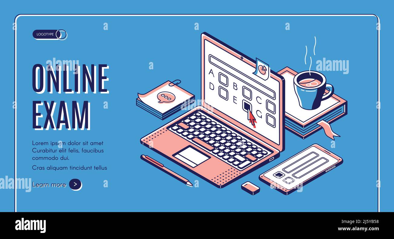 Online exam isometric web banner. Laptop with test questions on screen.  Computer app for student examination with questionnaire form, distant  educatio Stock Vector Image & Art - Alamy