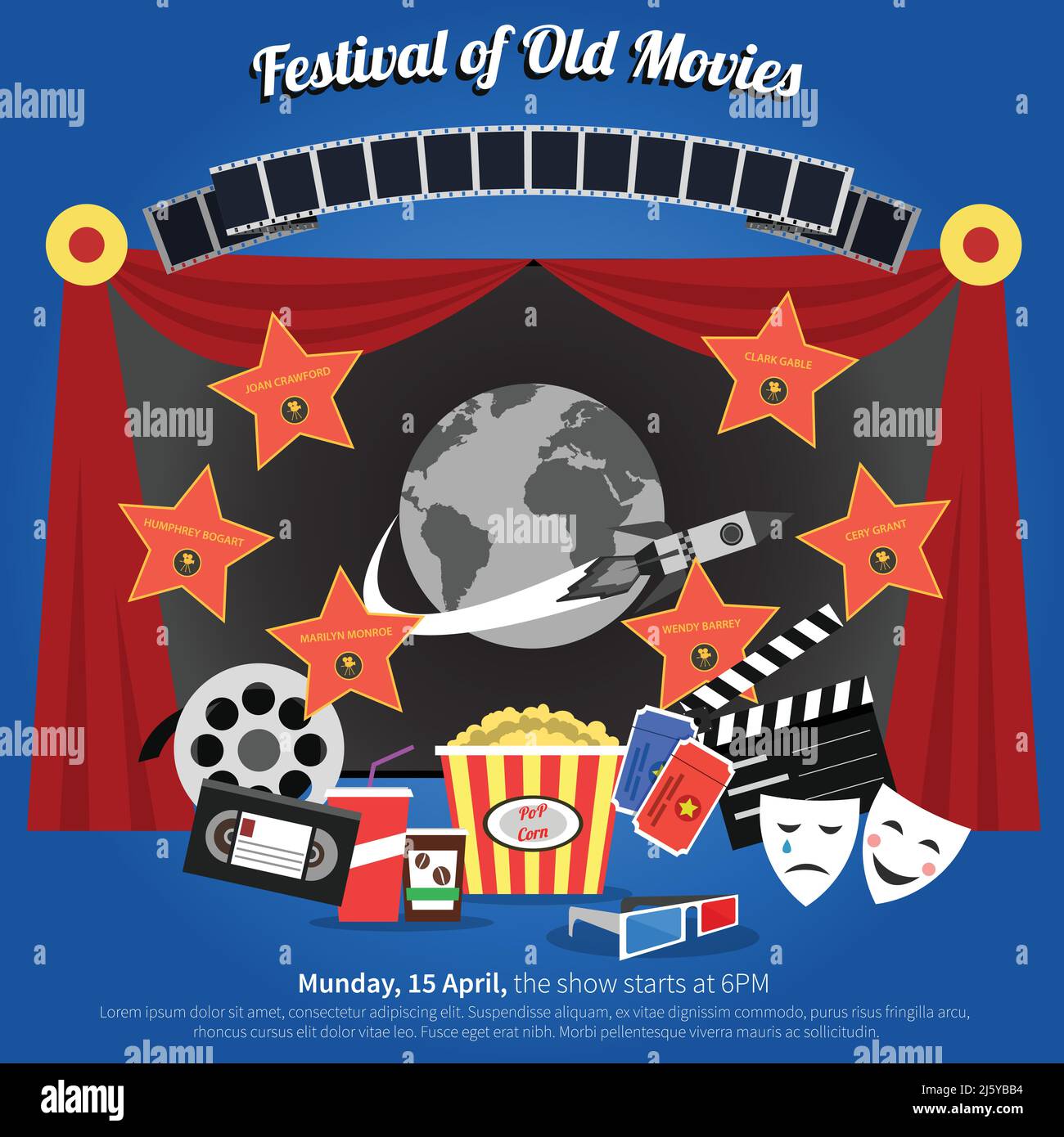 Movie festival poster with film industry symbols flat vector illustration Stock Vector