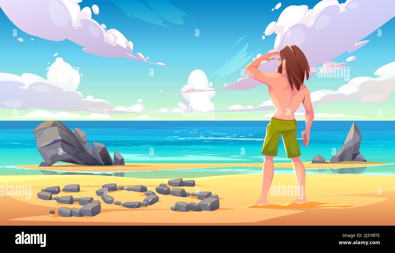 Castaway man on uninhabited island, lonely stranded longhaired ...
