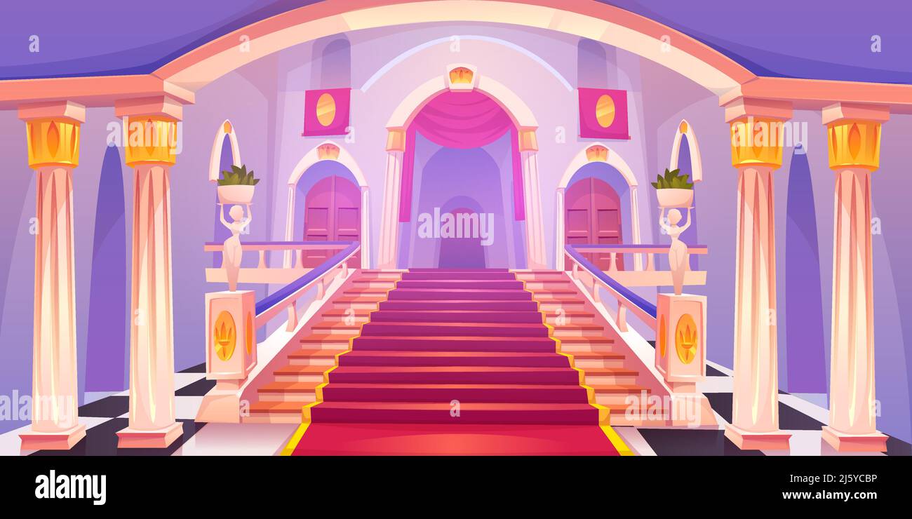 Castle staircase, upward stairs in palace entrance with pillars, statues, red rag and wooden doors, medieval architecture empty fantasy or historical Stock Vector