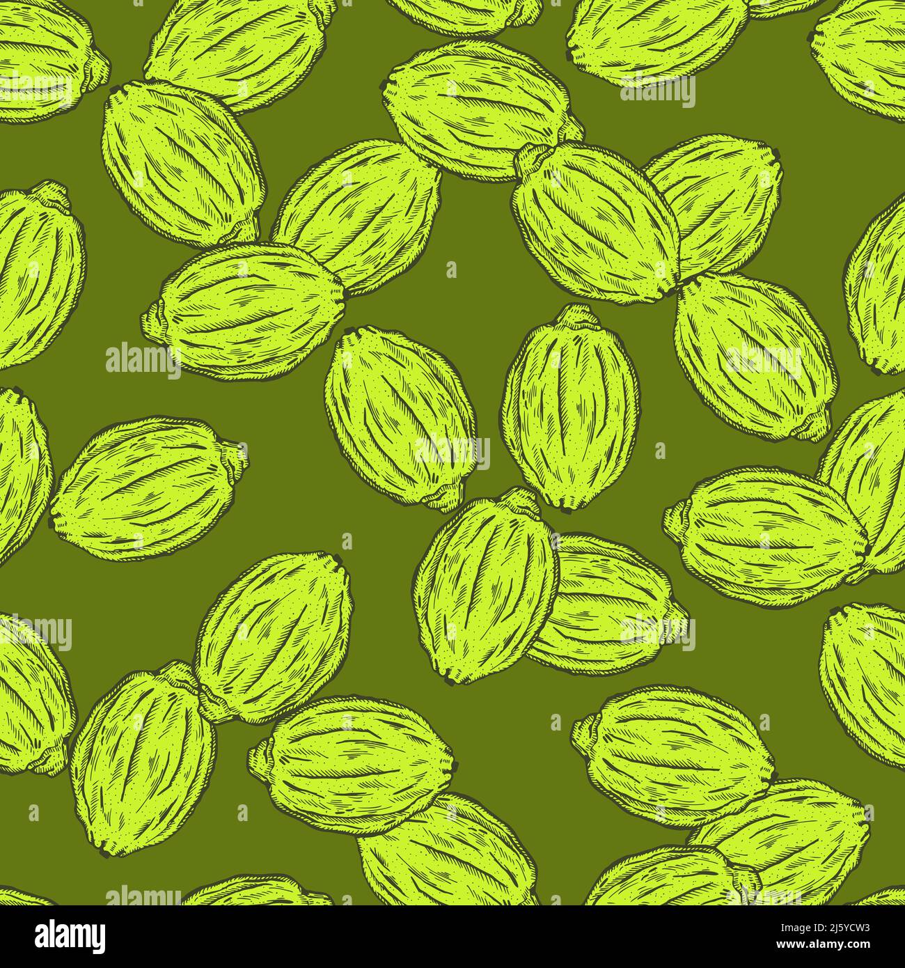 Seamless pattern engraved lemons. Vintage background citrus fruit in hand drawn style. Whole lemon or lime sketch. Vector repeated color design textur Stock Vector