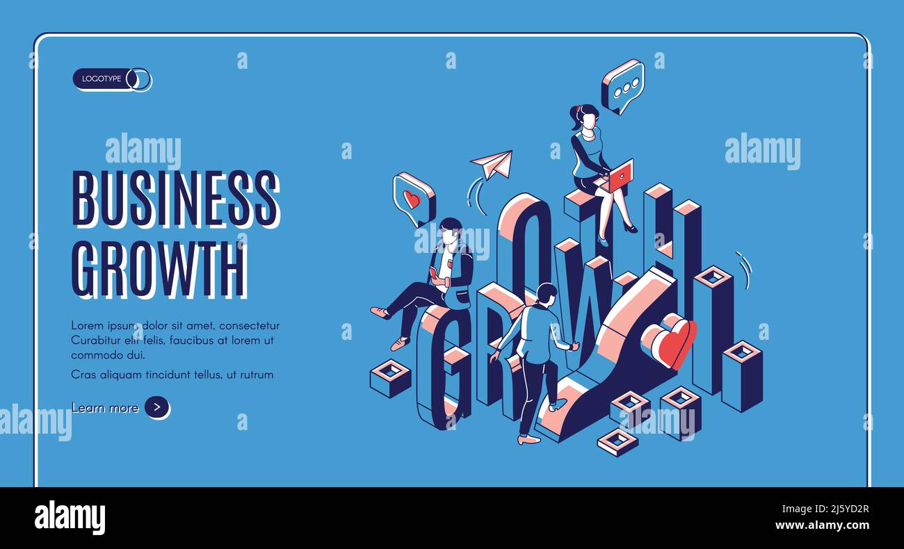 Business growth isometric landing page. Businesspeople work in internet ...