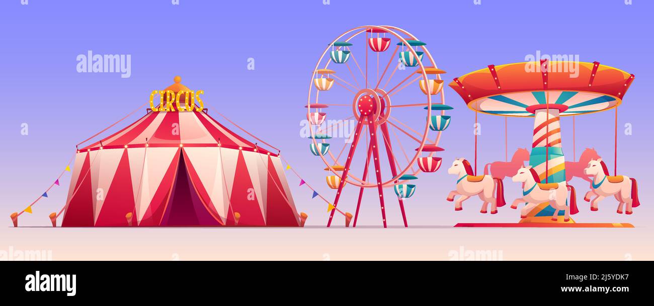 Amusement carnival park with circus tent and attractions ferris wheel ...