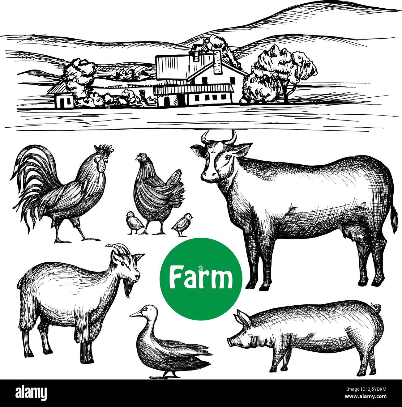 Hand drawn farm set with village house and livestock animals isolated vector illustration Stock Vector