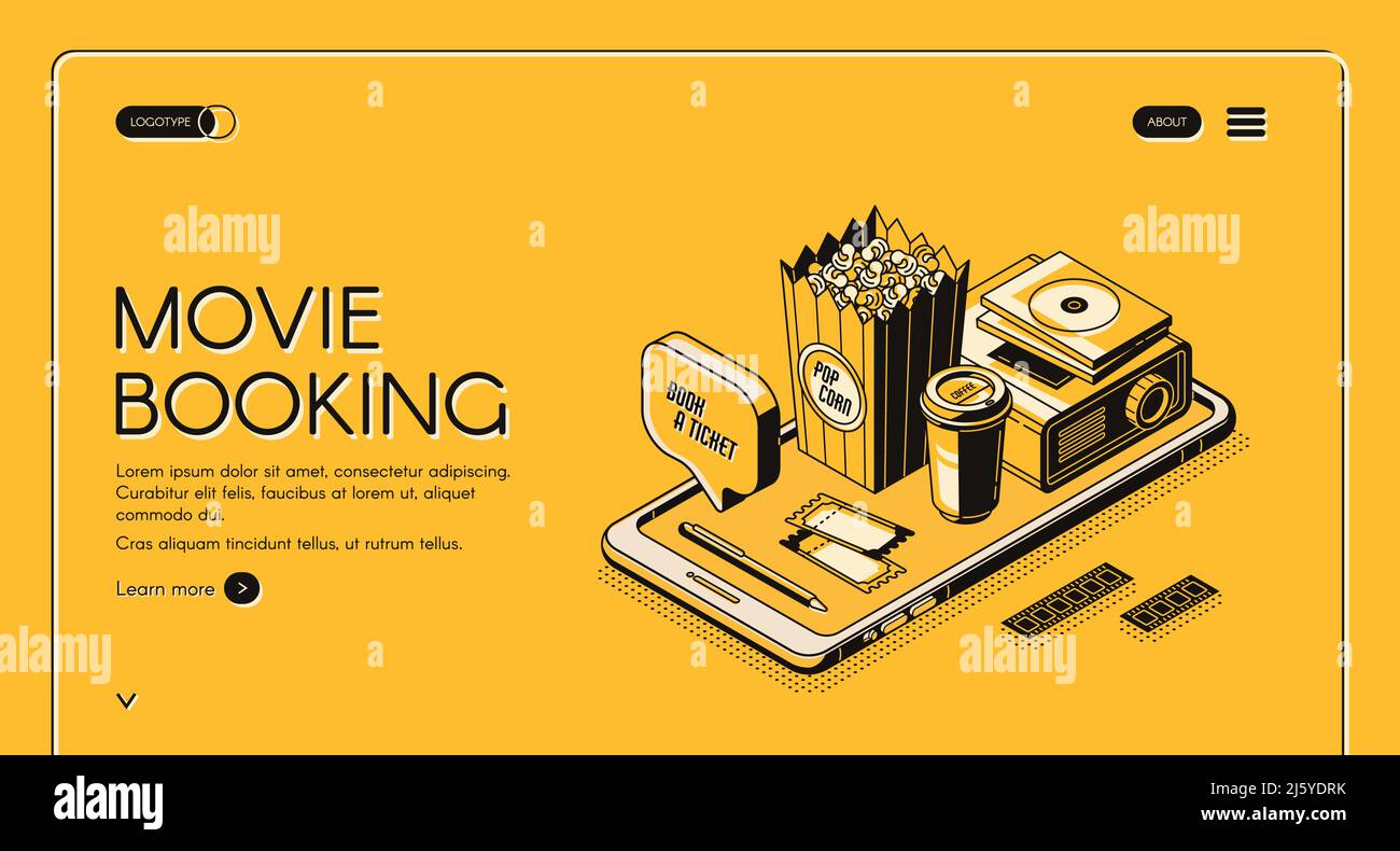 Movie booking isometric landing page, entertainment concept with popcorn, film projector, tickets and coffee cup at smartphone screen on yellow backgr Stock Vector