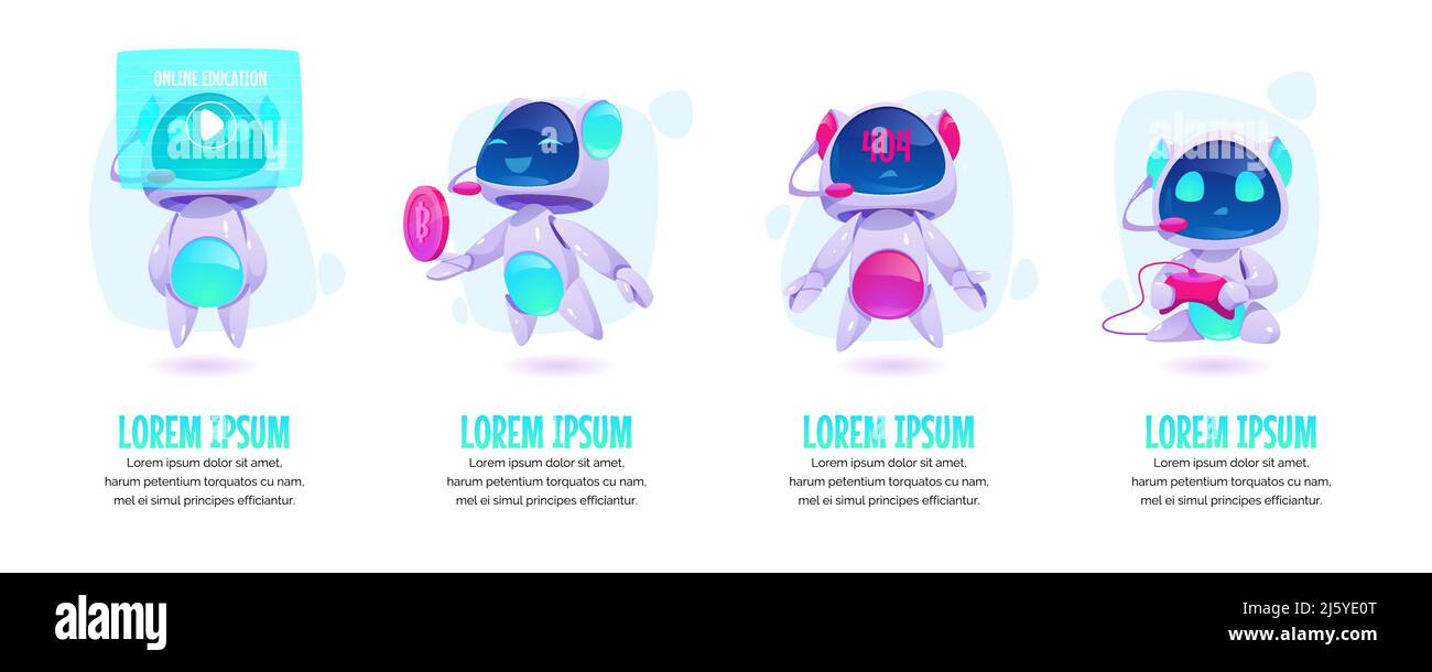 Cute chat bot, robot assistant in different poses. Vector set with ...