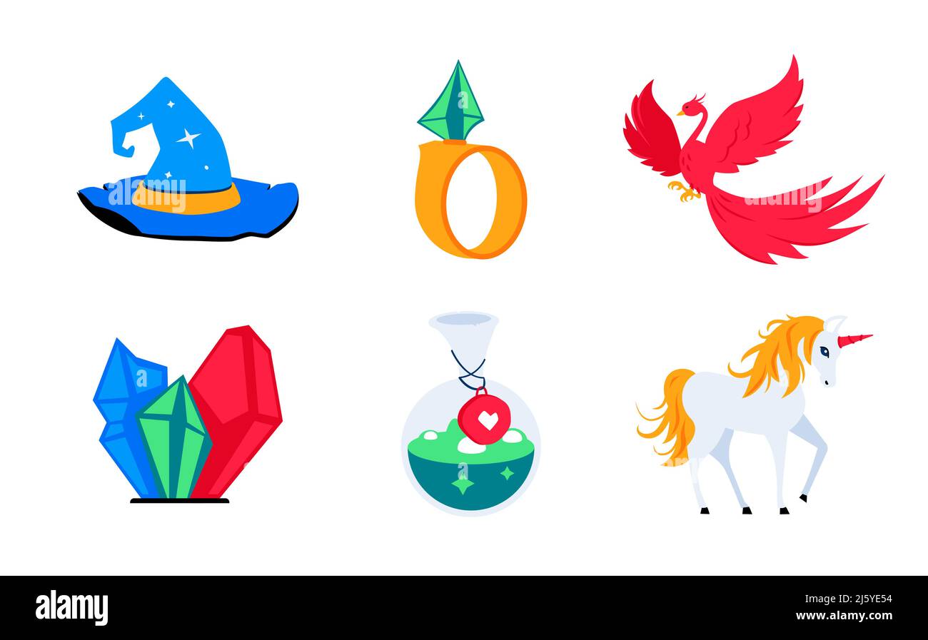 Magic items and animals - flat design style icons set Stock Vector