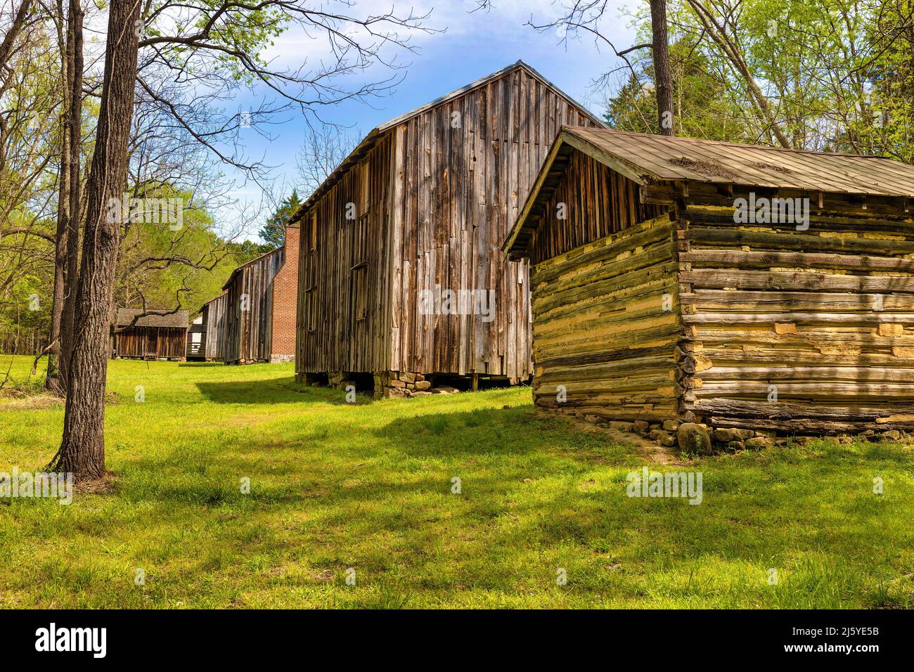 Durham, North Carolina, USA - April 13, 2022:  Horton Grove row houses that housed salves.  Buit in 1851 each held 4 slave families. Stock Photo