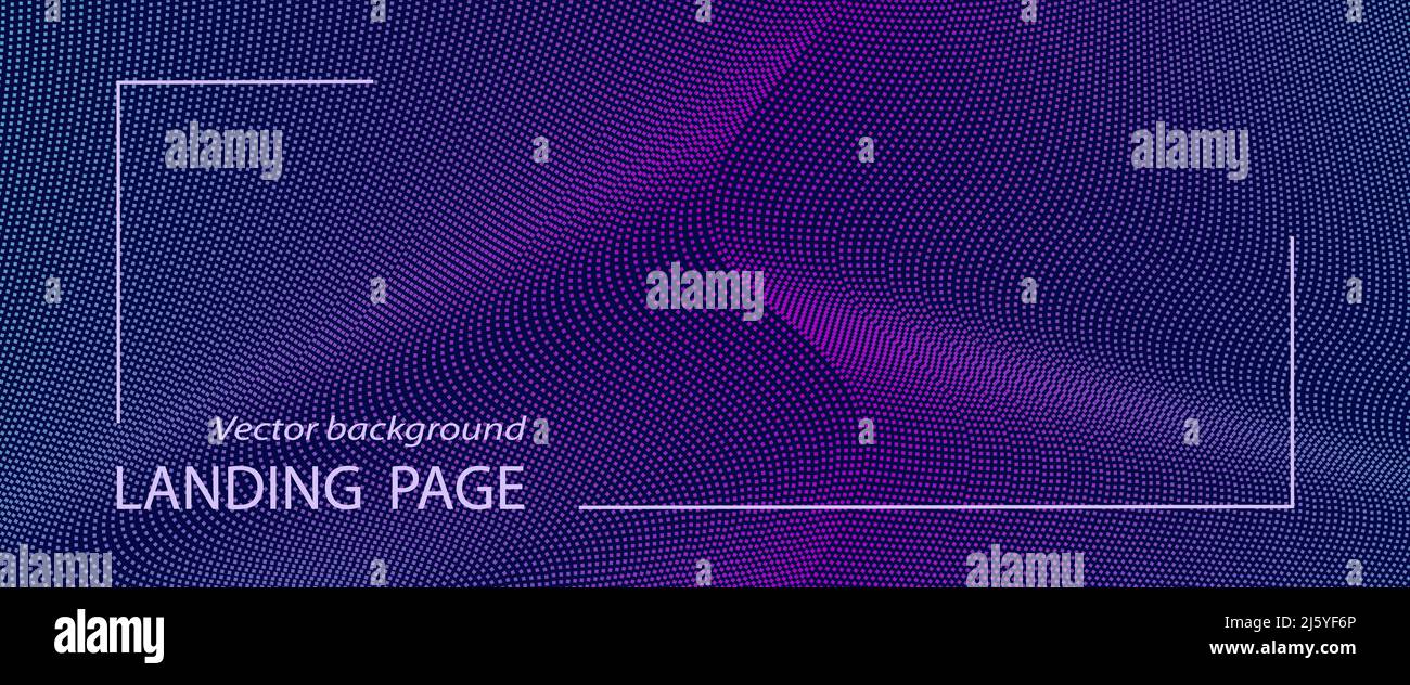 Dark glowing blue, magenta landing page background. Dotted wave pattern. Vector techno lines. Bigdata concept. Banner template. Abstract design. EPS10 Stock Vector