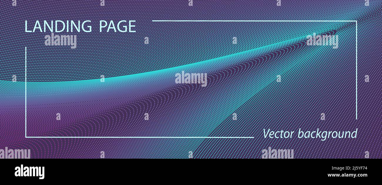 Purple, neon teal pattern of dotted lines. Futuristic landing page, presentation, banner template.  Abstract spotted curves. Technology background. In Stock Vector