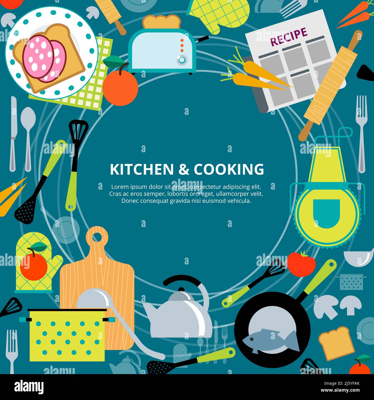 Home healthy and fast cooking  concept poster with kitchen appliances and recipes  pictograms composition abstract vector illustration Stock Vector