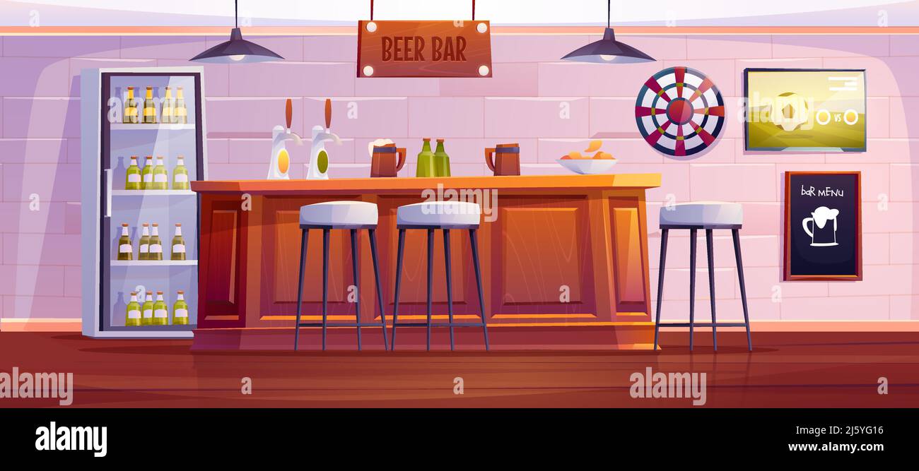 Beer bar or pub, empty interior with bottles and cups on wooden desk