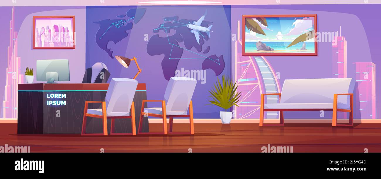 Travel agency office interior with operator reception desk, world map with airplane and pictures of famous sights on wall. Empty room for selling tour Stock Vector