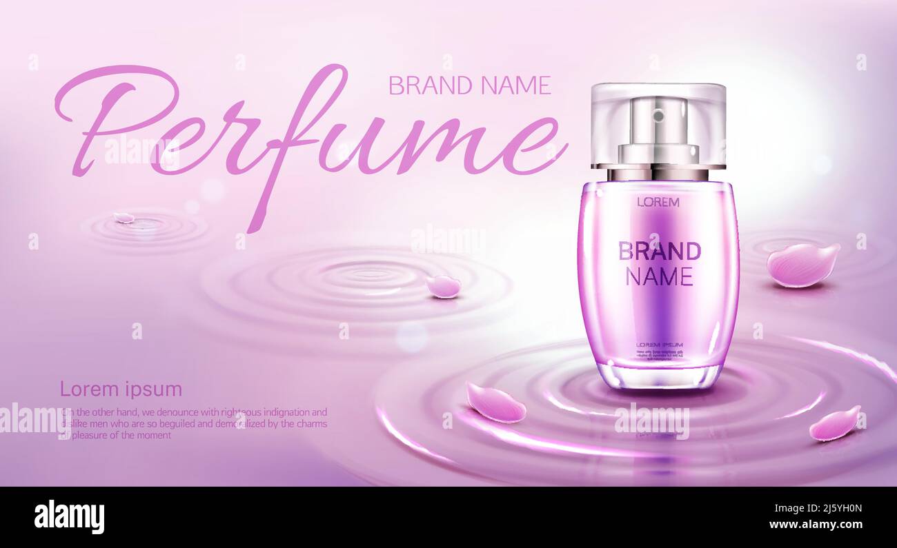 Perfume bottle on water surface with circles and pink flower petals
