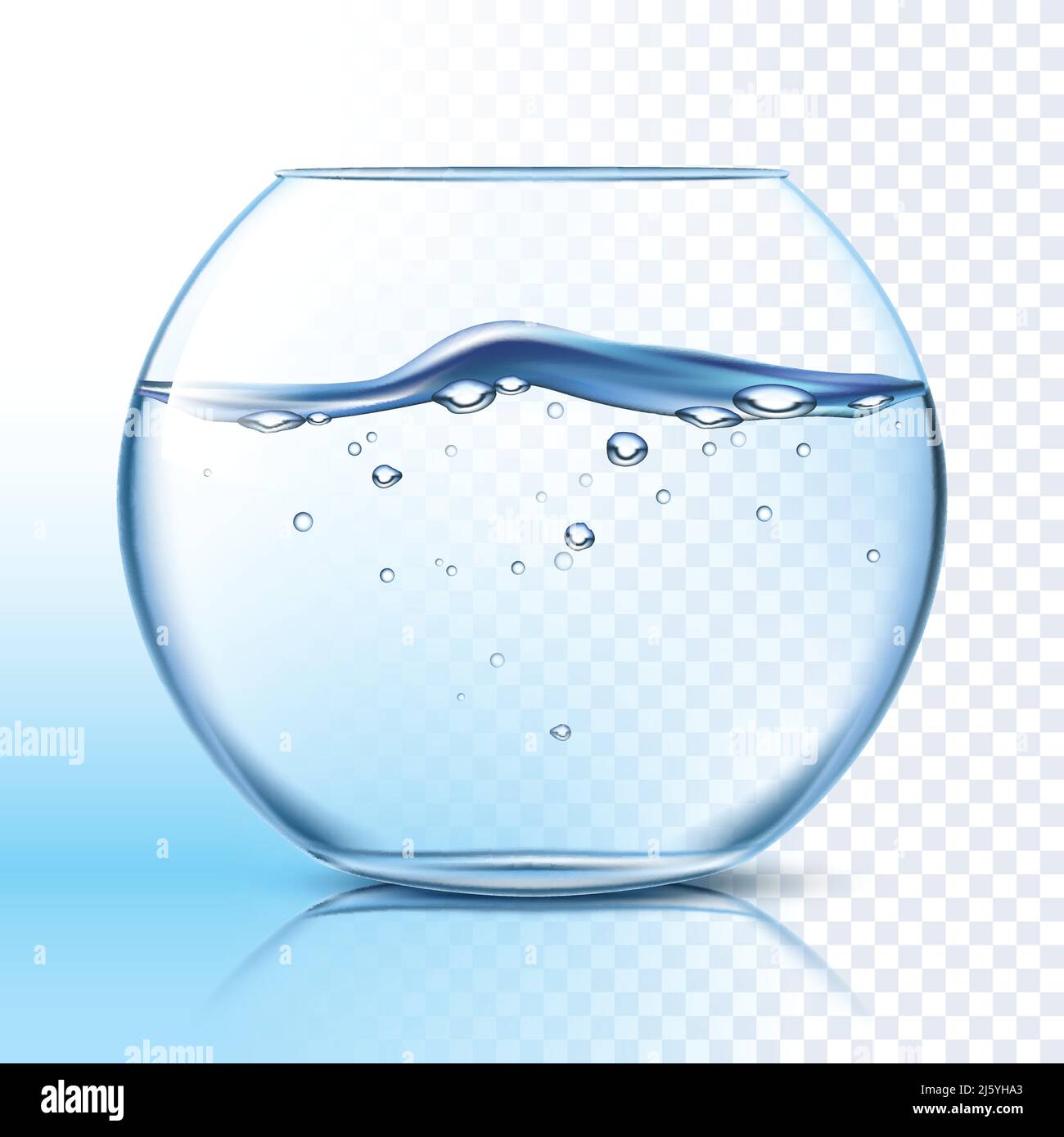 Round glass fishbowl with clean water wavy surface against grey