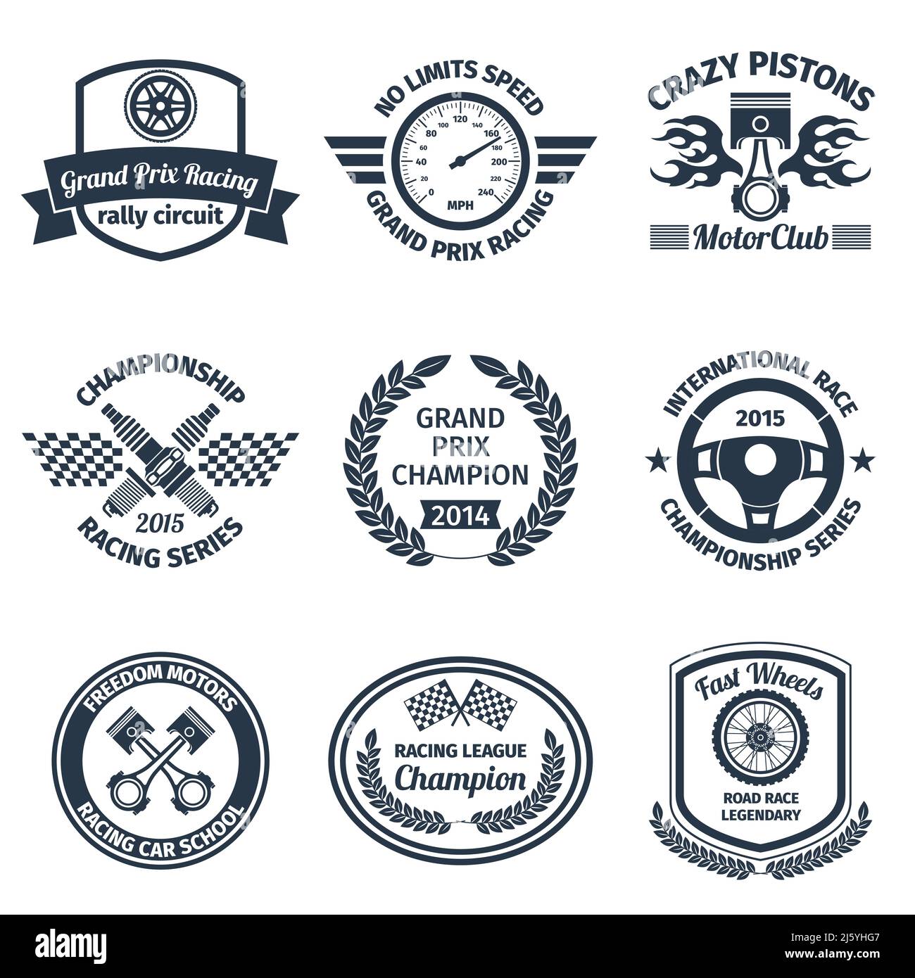 Grand prix racing crazy pistons black emblems set isolated