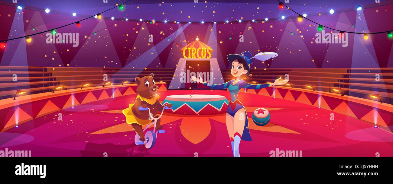 Circus show with animal handler girl with bear riding bicycle on chapiteau arena. forest predator in costume on bike showing trick. Stage performance, Stock Vector