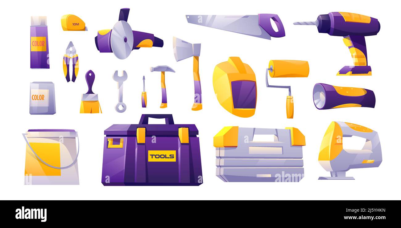 Tools set, hardware construction shop instruments drill hammer saw wrench toolbox flashlight paints. Diy supplies for carpentry works isolated on whit Stock Vector