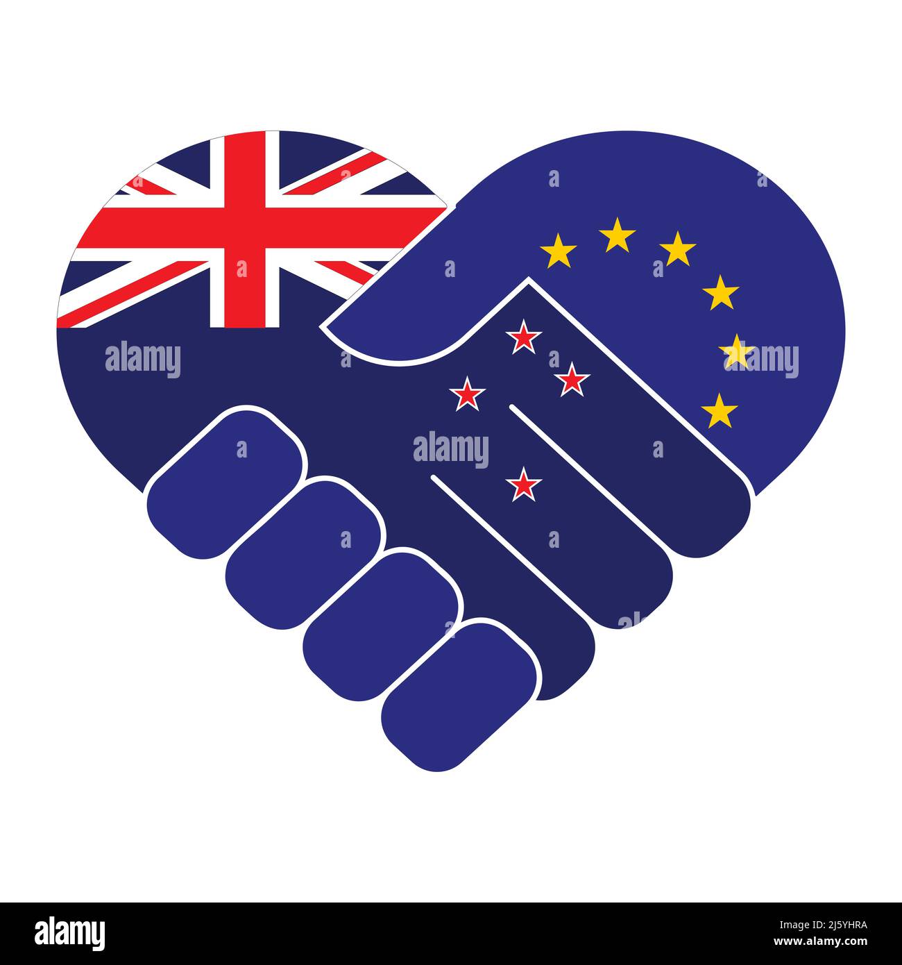 Handshake symbol in the colors of the national flags of New Zealand and EU, forming a heart. The concept of peace, friendship. Flat vector illustratio Stock Vector