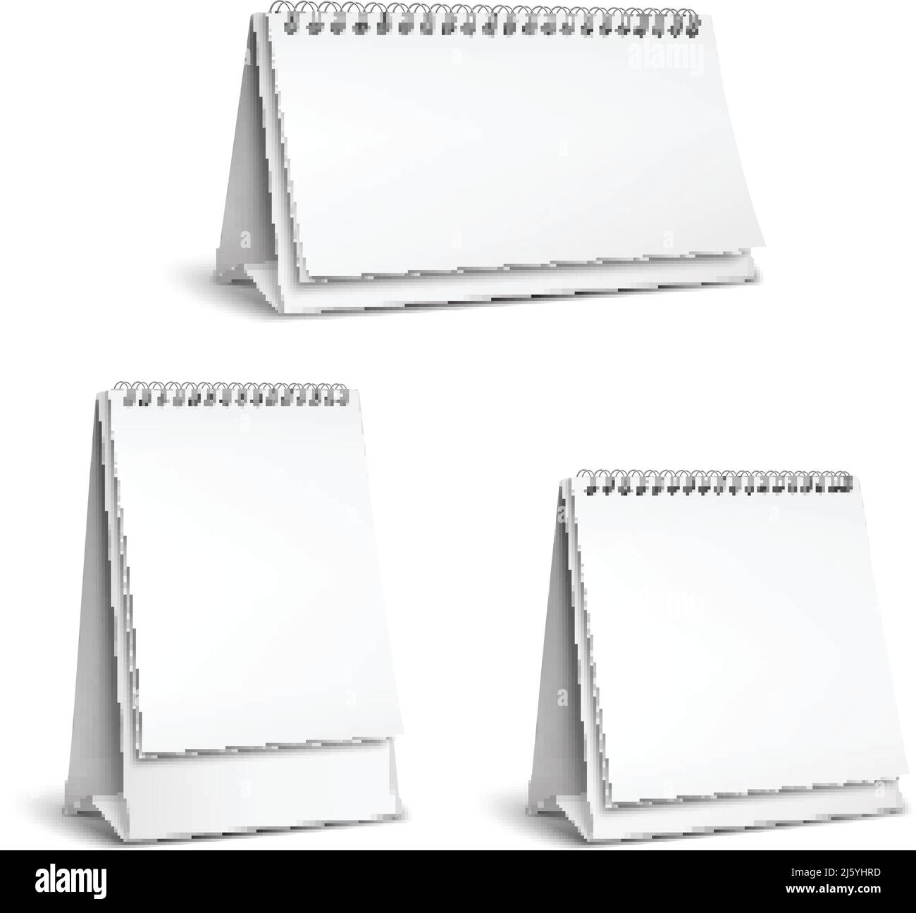 Three vertical and horizontal realistic standing blank spiral table calendars of different size