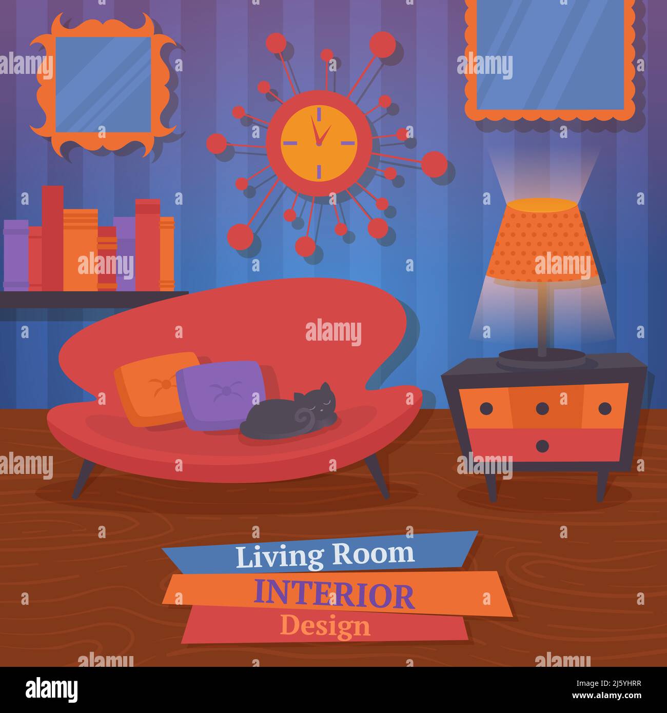Interior indoor living room design with sofa mirror clock vector ...