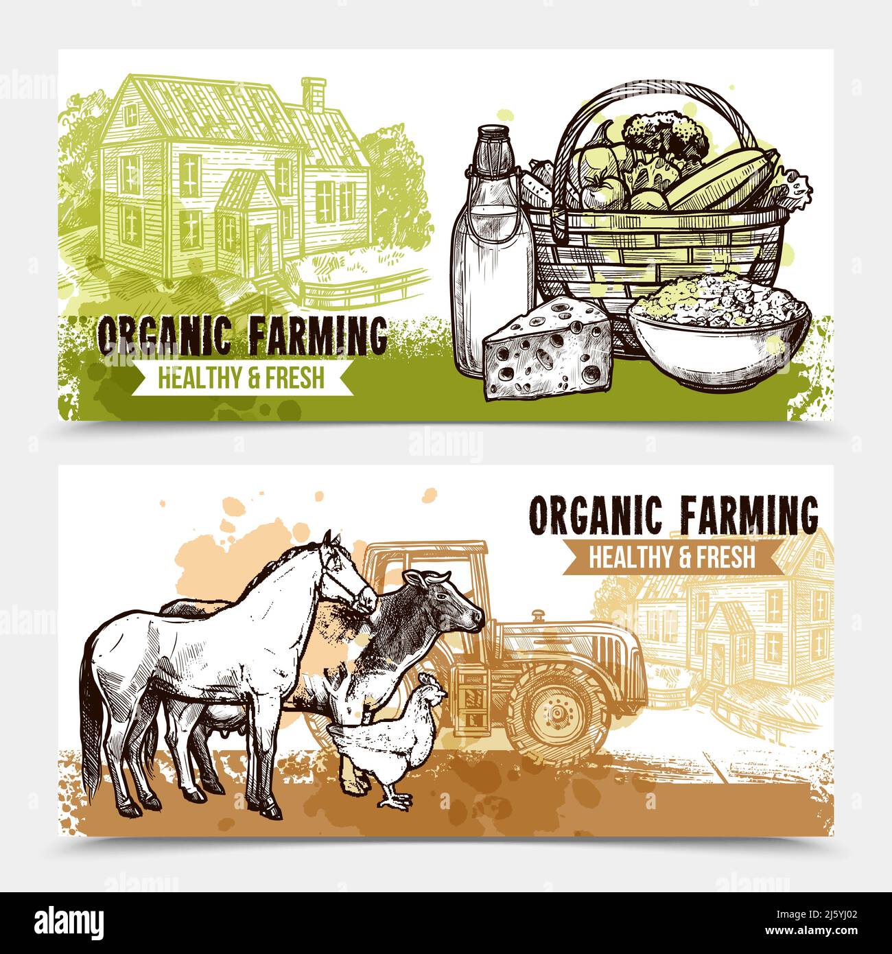 Organic farming horizontal banners with healthy and fresh food farmhouse and farm animals on white background sketch hand drawn isolated vector illust Stock Vector