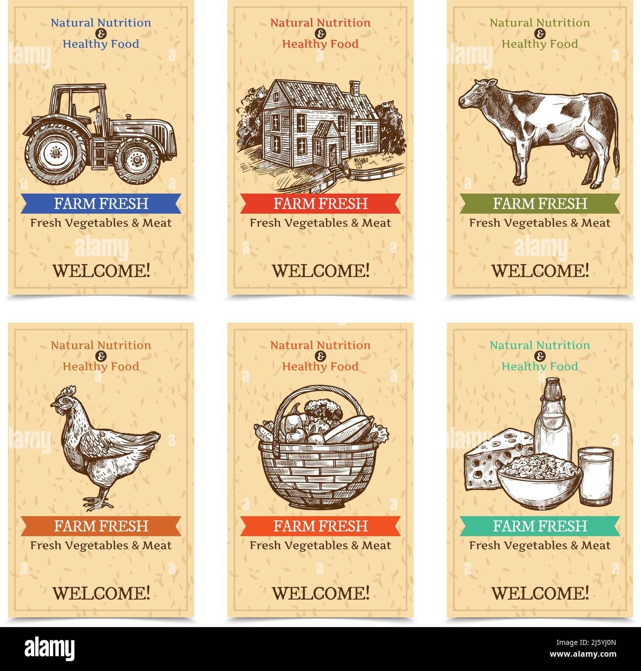 Six vertical farm tags welcome banners with healthy food farm animals tractor farmhouse with textural beige background sketch hand drawn isolated vect Stock Vector