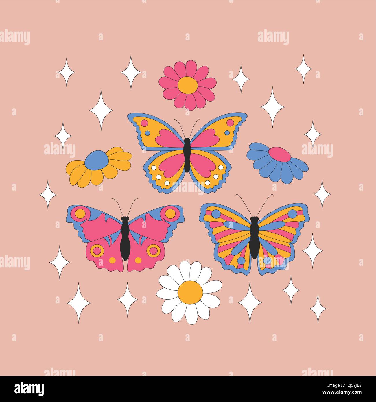 Retro daisies and sparkles on light background. Stock Vector