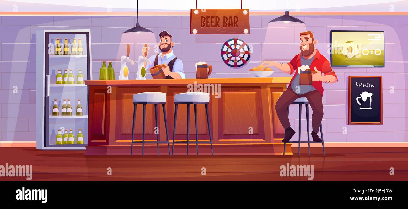 Man in beer bar. Visitor at pub sit on high stool at wooden desk with barman pouring drink to cup, bottles in fridge, menu board, darts and tv with fo Stock Vector