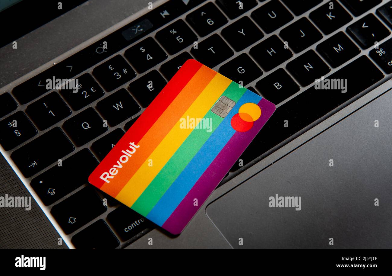 Revolut Credit visa card on computer Keyboard. Digital money, internet banking Stock Photo