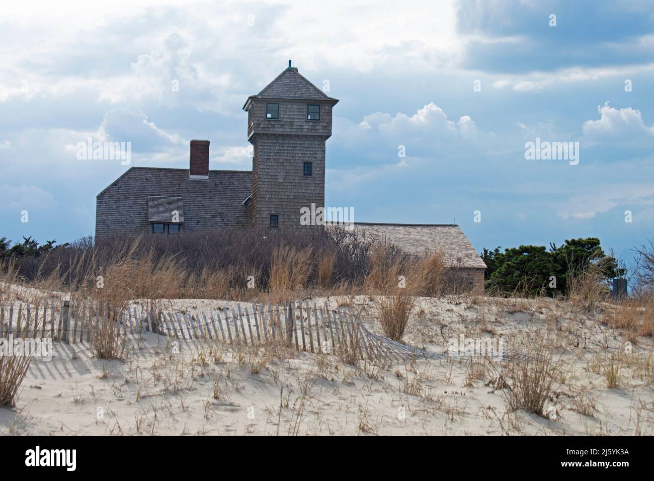 Old wooden building at Sandy Hook, New Jersey, that houses the life
